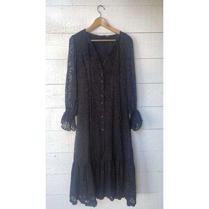 Uterque Floral Embroidered Crochet Lace Black Midi Dress S